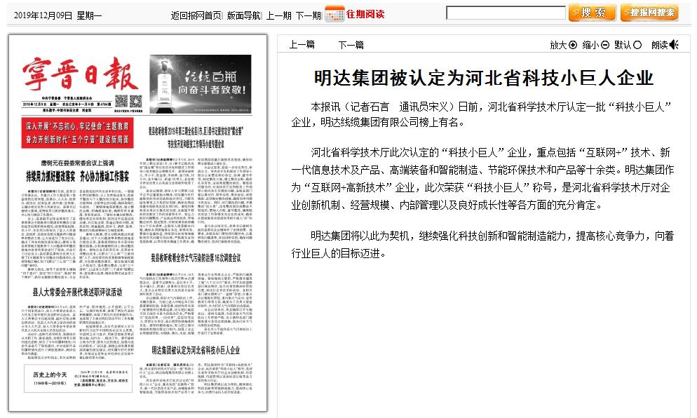 宁晋日报：乐玩国际集团被认定为河北省科技小巨人企业 